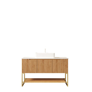 English Elm 48" Freestanding Bathroom Vanity Cabinet Sintered Stone Top Woodgrain Finish Open Shelf W2615S00463
