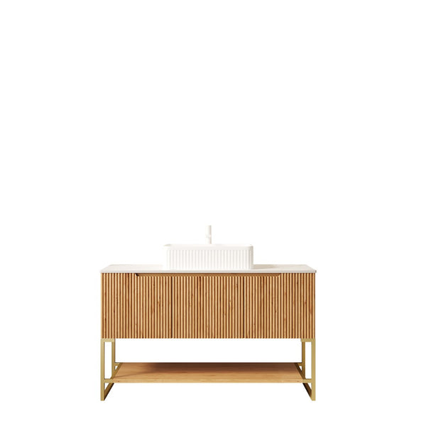 English Elm 48" Freestanding Bathroom Vanity Cabinet Sintered Stone Top Woodgrain Finish Open Shelf W2615S00463