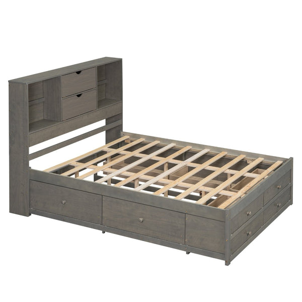 English Elm Queen Platform Bed Solid Pine Frame with Storage Headboard and Eight Organizer Drawers Gray GX000453AAE-1