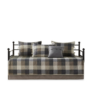 JLA Home Madison Park - 6 Piece Reversible Plaid Daybed Cover Set — Buffalo Plaid & Quilted Herringbone Texture for Cozy Cabin Style Neutral MP13-8387