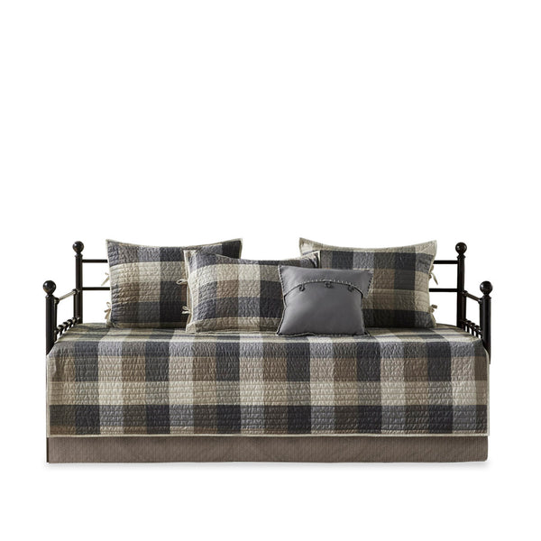JLA Home Madison Park - 6 Piece Reversible Plaid Daybed Cover Set — Buffalo Plaid & Quilted Herringbone Texture for Cozy Cabin Style Neutral MP13-8387