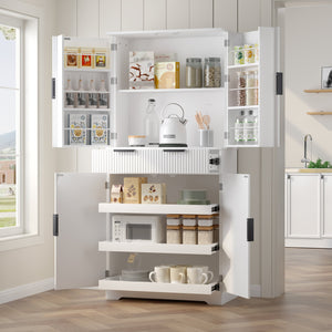 English Elm 72" Fluted Kitchen Pantry Cabinet with Anti-Tilt Stabilizers, Triple-Fold Hinges, Spice Door Racks and Deep Storage White W2917P294978