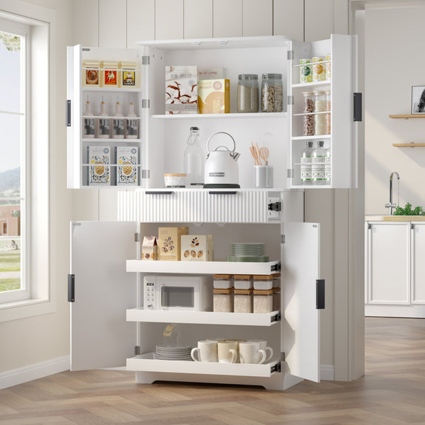 English Elm 72" Fluted Kitchen Pantry Cabinet with Anti-Tilt Stabilizers, Triple-Fold Hinges, Spice Door Racks and Deep Storage White W2917P294978