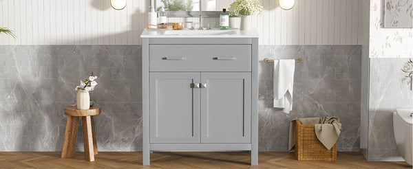 English Elm 30" Modern Bathroom Vanity with Ceramic Sink and Soft-Close Doors, Solid Wood MDF Build, Sleek Handles Gray N729P263155E