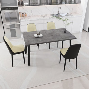 English Elm 55.12-70.87" Expandable Dining Table Set Seats 6 with Pu Upholstered Chairs Black Metal Legs Beige+Grey,Black W2189S00913