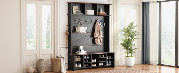 English Elm Farmhouse Hall Tree Entryway Organizer with Bench 16 Compartments and 6 Coat Hooks N721S000064B-2