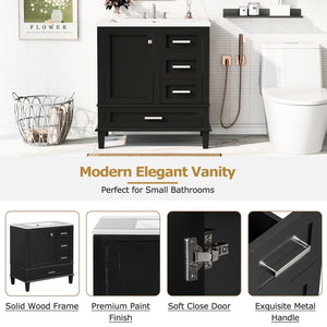 English Elm 30" Modern Bathroom Vanity with Solid Wood Frame, 3 Soft-Close Drawers and Ceramic Sink, Sleek Design Black N729P170557B
