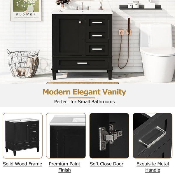 English Elm 30" Modern Bathroom Vanity with Solid Wood Frame, 3 Soft-Close Drawers and Ceramic Sink, Sleek Design Black N729P170557B