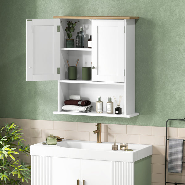 English Elm HOMCOM Modern Wall Bathroom Cabinet with 2 Doors, Adjustable Shelves, Oak Top & Open Shelf, White W2225P250003