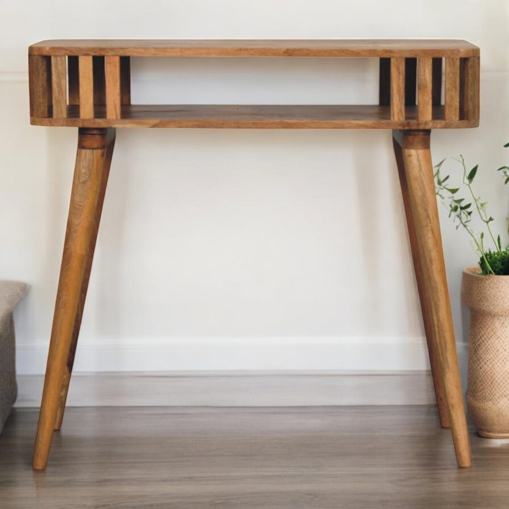English Elm Slatted Oak-ish Console Table Handcrafted Solid Mango Wood, Slatted Design & Open Shelf, Mid-Century Charm B182P302636