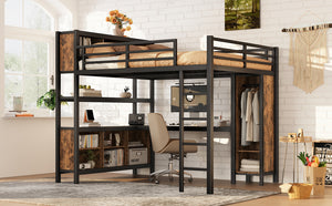 English Elm Metal Queen Loft Bed With L-Shaped Desk, Wardrobe, And Storage Cubes - Stylish Space Saver! W1580S00184