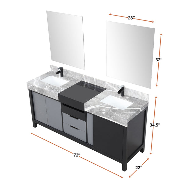English Elm Black Double Bath Vanity 72" W With Castle Grey Marble Top, Matte Black Faucets & 28" Mirrors Set B2731S01158