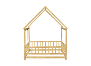 English Elm Full Size House Floor Bed With Roof Frame & Safety Guardrails - Cozy Natural Wood Design For Kids W504P286409