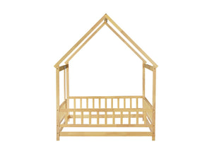 English Elm Twin House Shaped Floor Bed Solid Rubberwood Frame with Guardrails for Kids W504P370560