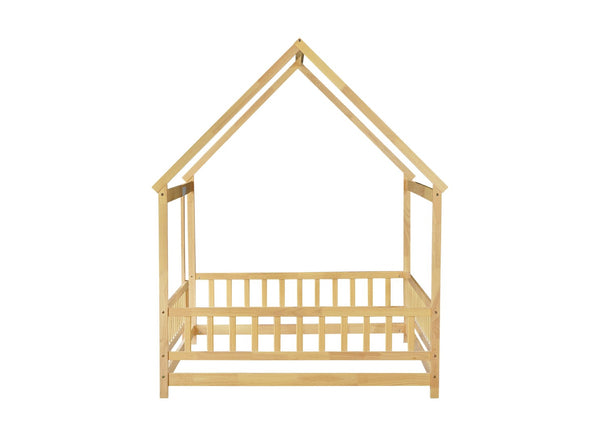 English Elm Twin House Shaped Floor Bed Solid Rubberwood Frame with Guardrails for Kids W504P370560