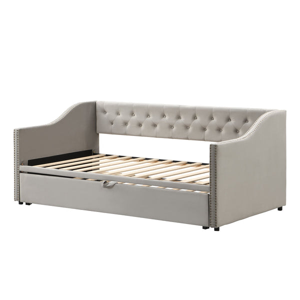 English Elm Twin Upholstered Daybed with Pop-Up Trundle, Space-Saving Guest Bed with Slats, Hydraulic Wheels, 81.9" L Gray SF000133AAE