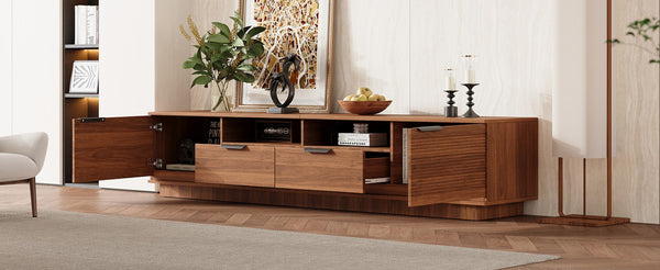 English Elm 78 Inch Walnut Media Console with Slatted Doors Solid Wood Legs and Cable Management N710P374714P