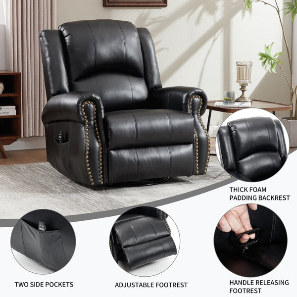 English Elm Heat Massage Rocker Swivel Recliner Chair with Lumbar Relief Nodes for Living Room Black W3224S00032