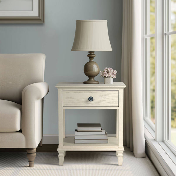 English Elm Victoria Aged Oak Nightstand with Solid Wood Legs, Wire-Brushed Veneer, Drawer & Open Shelf Cream 27 L x 22.75 W x 27.63 H B035P341165