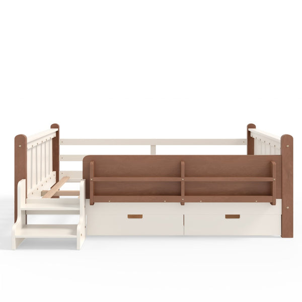 English Elm Twin Kids Platform Bed with Trundle Staircase Bookshelf and Rounded Safety Rails Beige W1580S00539