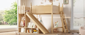 English Elm Twin Loft Bed Solid Pine Frame with Wardrobe Shelving Detachable Slide Kids Room Natural W5305S00022