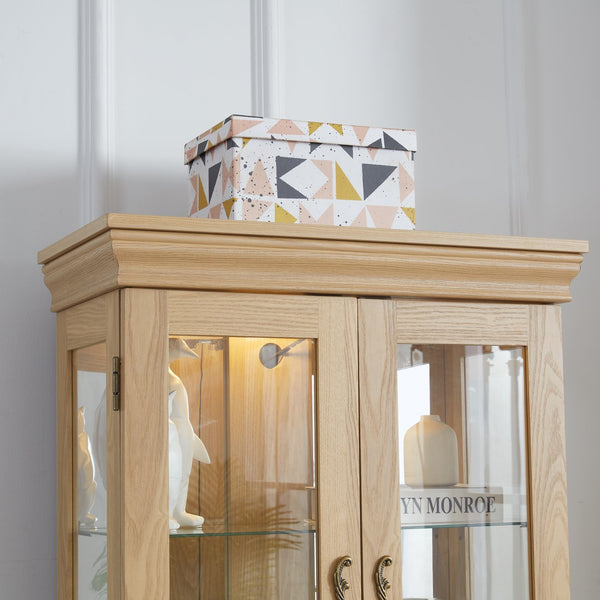 English Elm Lighted Glass Curio Display Cabinet with Quiet Hinge, Internal LED Lighting, Adjustable Shelves, Vintage Carved Handle Light Oak W2275P199811