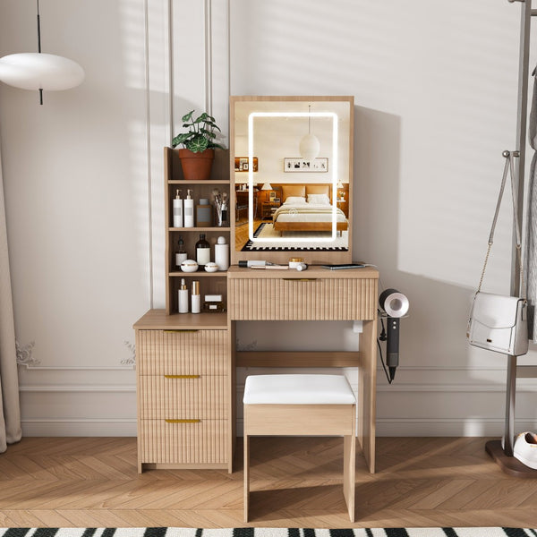 English Elm Modern Makeup Vanity Desk with Led Lighting Four Drawers Mirror and Built-in Power Outlet Walnut W509P465831