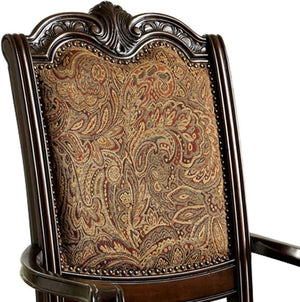 English Elm Formal Brown Cherry Arm Chairs Set of 2 — Solid Wood, Damask Upholstered Seats, Carved Detail, 44"H B011P287533