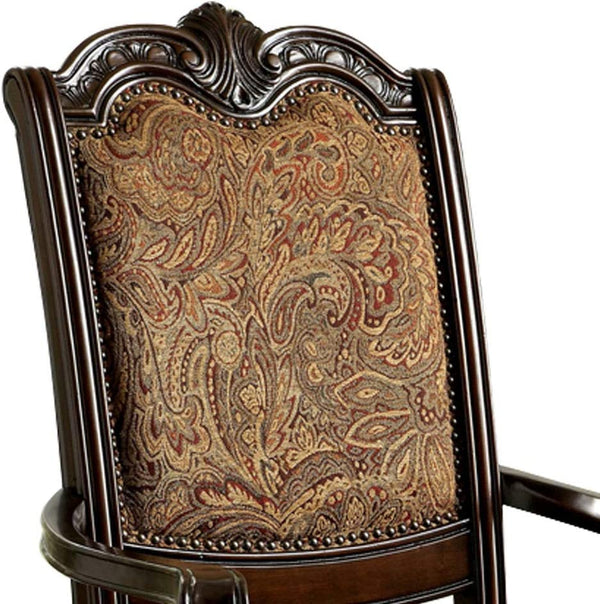 English Elm Formal Brown Cherry Arm Chairs Set of 2 — Solid Wood, Damask Upholstered Seats, Carved Detail, 44"H B011P287533