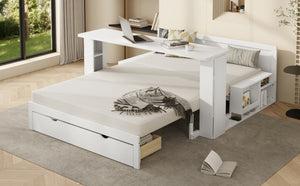 English Elm Full Size Daybed with Hydraulic Desk Armrests Storage Drawer and Sofa Seating White LT000271AAK