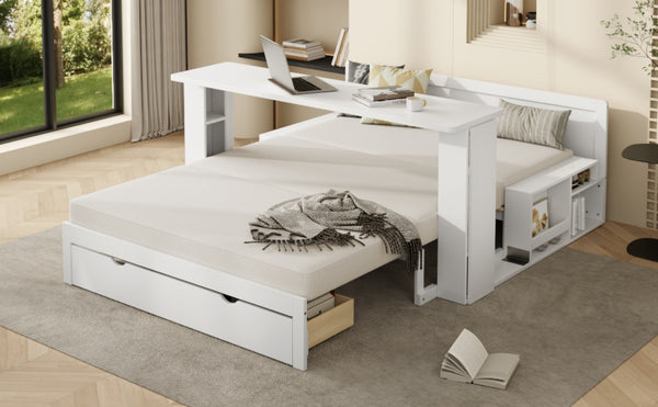 English Elm Full Size Daybed with Hydraulic Desk Armrests Storage Drawer and Sofa Seating White LT000271AAK