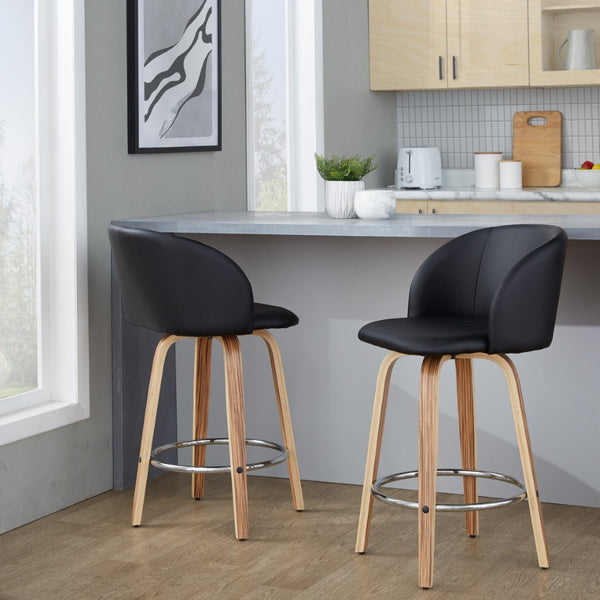 English Elm Fixed-height Swivel Barstools Zebra Wood Base Faux Leather Seat Chrome Footrest Pair B202S01771