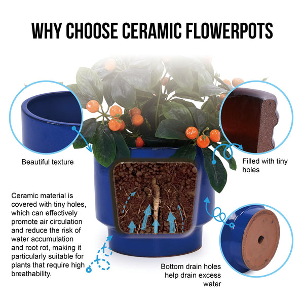 English Elm 3 Pieces Ceramic Flowerpot Set - Handcrafted Antique Blue-Green Planters For Indoor & Outdoor Use W3273P321546