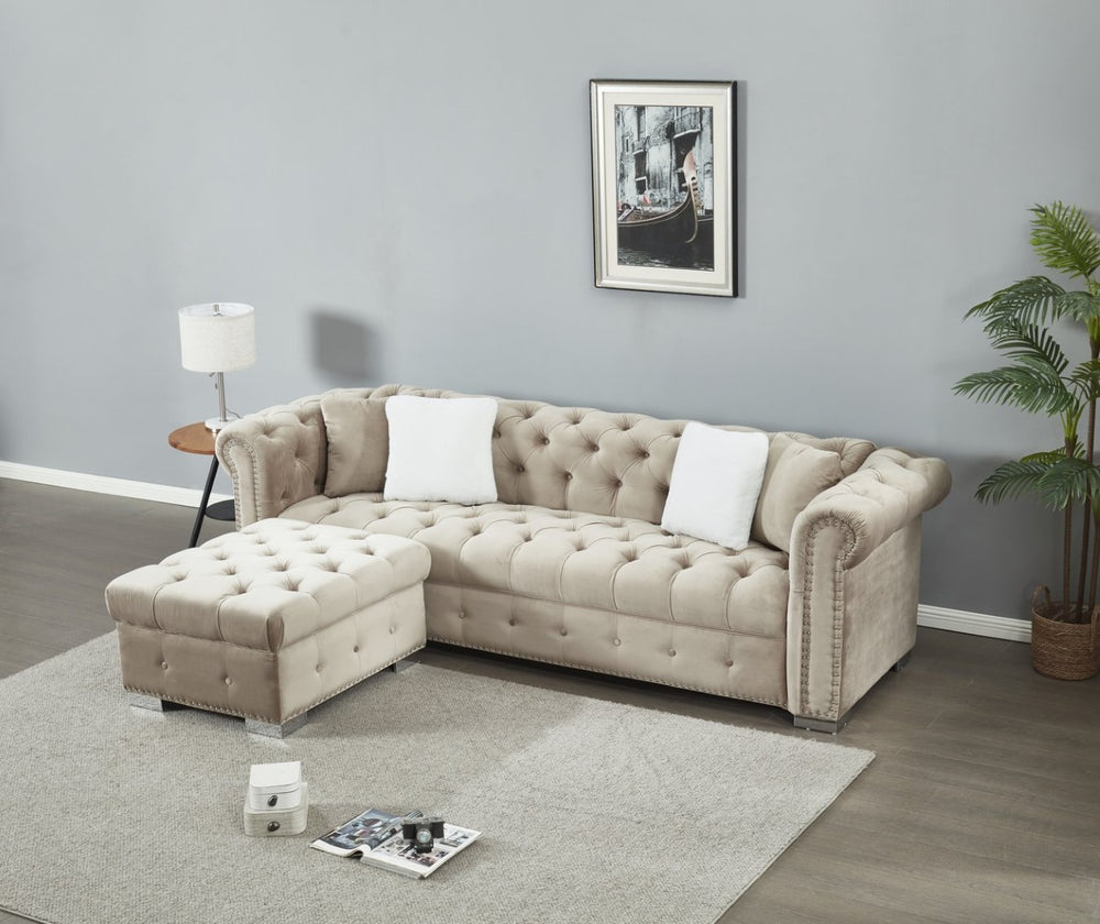 English Elm Reversible L Shaped Velvet Sectional with Tufted Back Nailhead Trim Parlor Elegance B205S00005
