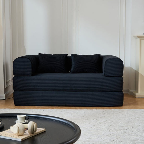 English Elm 59'' Corduroy Floor Sofa Convertible Sleeper with Bolster Pillow for Studio Living Black W3434P449858