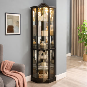 English Elm Lighted Corner Curio Cabinet With Adjustable Shelves, Elegant Black Design, Perfect For Home Display W1758P300126
