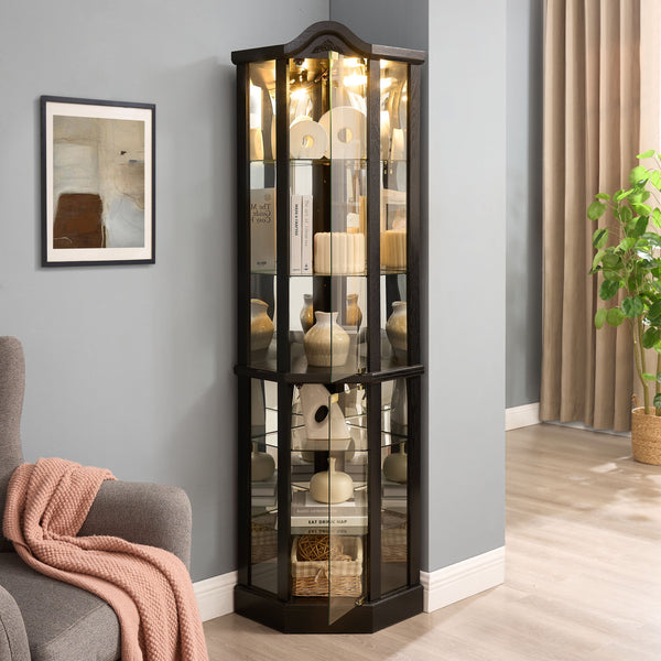 English Elm Lighted Corner Curio Cabinet With Adjustable Shelves, Elegant Black Design, Perfect For Home Display W1758P300126