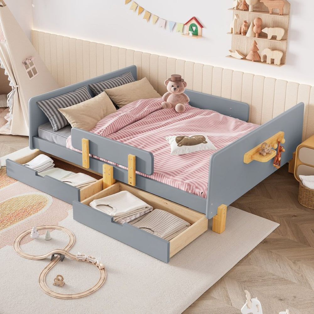 English Elm Twin Low Profile Kids Floor Bed Pine Wood Frame with Safety Rail and Built in Bookshelf Gray W1580P373246