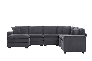 English Elm Modern U Shaped 6-Seat Sectional Sofa with Ottoman and 3 Toss Pillows, Corduroy Modular Comfort and Durable Frame Grey W2363S00041