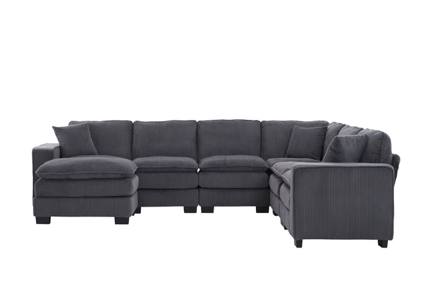 English Elm Modern U Shaped 6-Seat Sectional Sofa with Ottoman and 3 Toss Pillows, Corduroy Modular Comfort and Durable Frame Grey W2363S00041