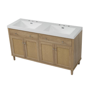English Elm Christopher Knight Home® - 60 Inch Bathroom Vanity with Double Sinks SMC, Rattan Doors, Soft-Close Drawers, Stable Pine Legs Wood N817P296140N