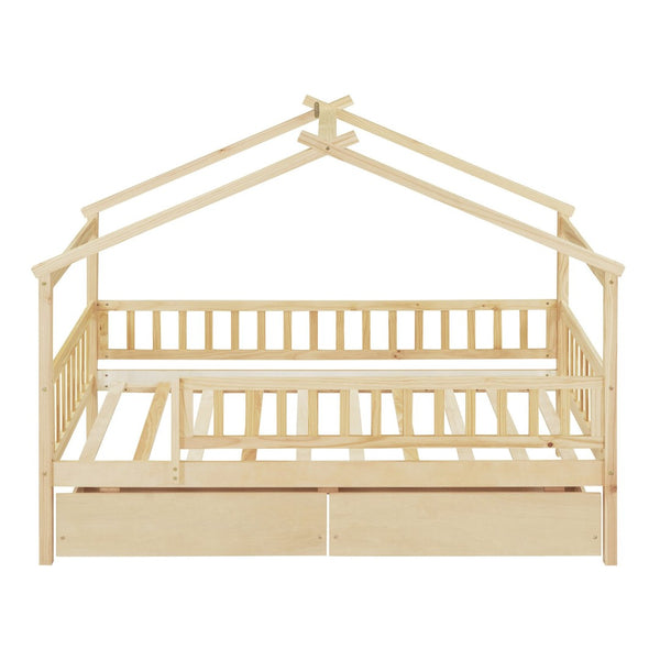 English Elm Twin House Bed Pine Wood Frame with Storage Drawers Kids Bedroom Playful Design Natural WF302181AAN