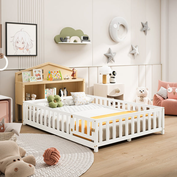 English Elm Headboard Storage Cabinet for Full-Size Montessori Floor Bed with Built-In Shelves and Easy Mounting Natural 56.3 L x 17.32 W x 5.31 H W1716P181579