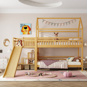 English Elm Full Bunk Bed with Trundle Bookshelf Storage Pine Frame Car Design for Kids W1580S00301