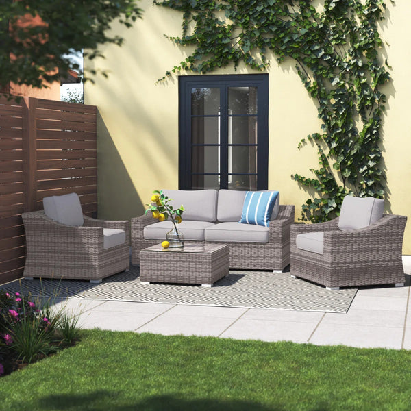 English Elm LSI 4-Seater Wicker Conversation Set with Cushions — All-Weather Aluminum Frame, HDPE Wicker Comfort B120S00066