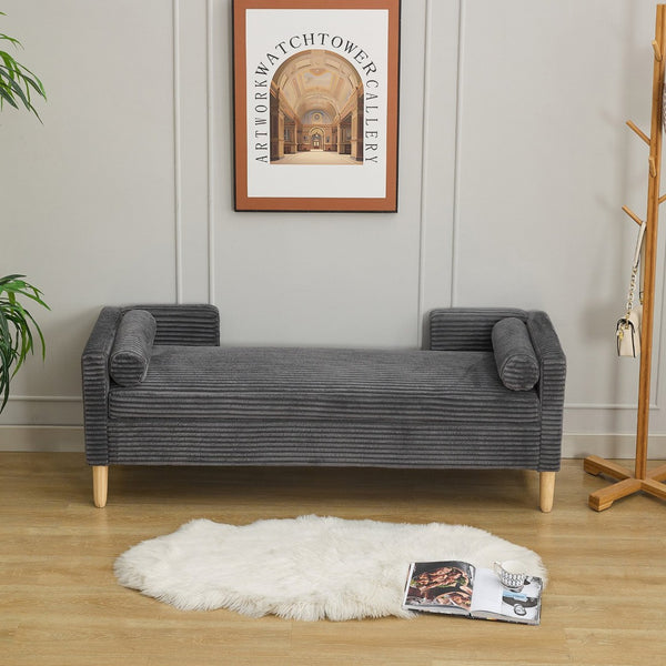 English Elm 65.35"wide Corduroy Storage Bench Ottoman with Bolster Pillows and Rubberwood Legs W3118P410501