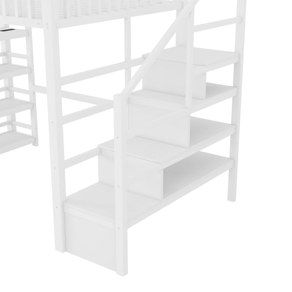 English Elm Full Metal Loft Bed with Stair Storage Rgb Lighting and Charging Station for Teens White W2580S00075