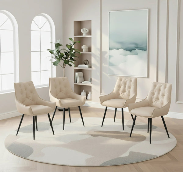 English Elm Dining Chairs Set Of 4 – Elegant Off-White Faux Leather With Gold Accents & Sturdy Black Legs W3493P356426