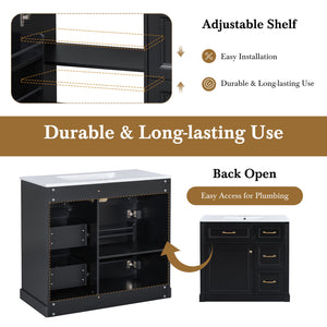 English Elm 36 Inch Bathroom Vanity With Sink & Soft-Close Drawers - Modern Black Cabinet For Smart Storage N725P336549B