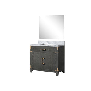 English Elm Black Oak Single Bath Vanity With Carrara Marble Top And 34-Inch Mirror – Elegant Storage Solution! B2731S02125